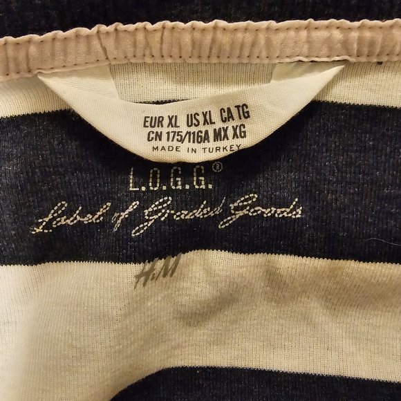 H&M Navy Blue and White Striped V Neck Henley Shirt Long Quarter Sleeves Size XL - Picture 2 of 4